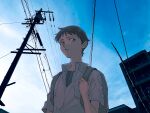  1boy absurdres backpack bag black_hair blue_eyes blue_sky collared_shirt day highres ikari_shinji looking_to_the_side male_focus matsuko_(mrimri3) neon_genesis_evangelion outdoors parted_lips photo_background power_lines shirt sky solo utility_pole 