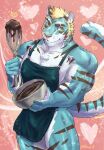 anthro apron apron_only baking biceps blonde_hair blue_body blue_fur butt candy chocolate clothing dessert felid food fur green_eyes hair hi_res lifewonders live_a_hero male mammal mixing_bowl muscular muscular_anthro muscular_male pantherine pecs rexer solo striped_body striped_fur stripes tiger weedwolf