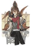  1boy 5others ahoge animal_on_head animal_on_shoulder bird bird_on_head bird_on_shoulder bishounen black_gloves black_pants brown_hair closed_eyes coffee coffee_cup commentary commentary_request cowboy_shot cracker crossed_legs cup dated_commentary disposable_cup drinking food gloves granblue_fantasy grey_shirt hair_between_eyes holding holding_cup j999 jacket layered_sleeves male_focus messy_hair multiple_others okinawa_rail on_chair on_head open_clothes open_jacket pants red_scarf sandalphon_(granblue_fantasy) sandalphon_(primarch_afterhours)_(granblue_fantasy) scarf shirt short_hair too_many too_many_birds 