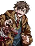 1boy absurdres blood blood_on_clothes blood_on_face blood_on_hands brown_eyes brown_hair brown_jacket claws collared_shirt creature extra_eyes extra_mouth glasses highres izumi_shin&#039;ichi jacket kiseijuu looking_at_viewer male_focus migi necktie open_mouth parasite red_necktie school_uniform shirt sweat upper_body white_background white_shirt xi_luo_an_ya 
