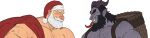  2boys back_hair bara beard beard_over_mouth black_hair blank_eyes blush christmas curled_horns demon_boy eye_contact facial_hair from_side full_beard growlygruntz hairy hat highres horns krampus large_pectorals long_tongue looking_at_another male_focus mature_male multiple_boys muscular muscular_male original pectorals profile sack santa_claus santa_hat short_hair sparse_chest_hair thick_beard thick_eyebrows tongue twitter_banner upper_body white_hair wide_image 