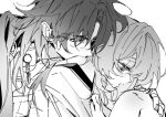  1boy 1girl blade_(honkai:_star_rail) blush coat dlckrpwjd111 greyscale hand_on_another&#039;s_leg hetero honkai:_star_rail honkai_(series) long_hair looking_down monochrome open_mouth parted_bangs simple_background sitting stelle_(honkai:_star_rail) tassel trailblazer_(honkai:_star_rail) very_long_hair 