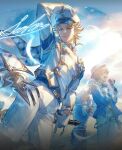  3boys animal_ears aqua_eyes arm_up backlighting badge band_uniform belt blonde_hair blue_sky brown_hair button_badge cloud cloudy_sky commentary commentary_request cowboy_shot denim english_text erune falling_feathers feathers frilled_sleeves frills furrowed_brow gran_(granblue_fantasy) granblue_fantasy grey_hair half_mask hand_on_headwear hat highres holding holding_microphone jeans light_particles light_rays looking_down mask messy_hair microphone minaba_hideo multiple_boys music official_art pants parted_bangs plaid plaid_scarf promotional_art scarf seofon_(granblue_fantasy) seox_(granblue_fantasy) shako_cap singing sky smirk spiked_hair sunlight sweatdrop third-party_source white_pants wolf_ears 