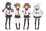  :d akatsuki_(kantai_collection) anchor_symbol black_hair black_legwear black_skirt brown_eyes brown_hair commentary_request fang flat_cap folded_ponytail hair_ornament hairclip hammer_and_sickle hat hibiki_(kantai_collection) ikazuchi_(kantai_collection) inazuma_(kantai_collection) kantai_collection kneehighs long_hair long_sleeves multiple_girls open_mouth pantyhose pleated_skirt ponytail school_uniform serafuku short_hair silver_hair simple_background skirt sleeves_rolled_up smile sumeragi_hamao thighhighs verniy_(kantai_collection) white_background 