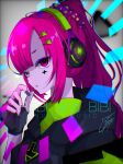  1girl black_nails english_text fingerless_gloves gloves goma_irasuto green_eyes hair_ornament hair_scrunchie headphones heterochromia high_ponytail highres looking_at_viewer original pink_eyes pink_hair ponytail scrunchie signature solo 