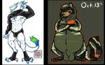 abs animal_genitalia anthro balls belly belly_overhang big_balls bulge crossed_arms facial_hair feral flexing genitals goatee latex male mammal muscular procyonid raccoon sergal sheath solo yamatopawa