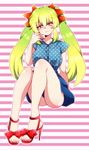  absurdres ass bad_id bad_pixiv_id blonde_hair bow gradient_hair green_hair hair_bow head_tilt high_heels highres legs long_hair looking_at_viewer miyabi_mahore multicolored_hair natsu_hotaru original pink_eyes polka_dot red_footwear sandals shoes sitting skirt solo striped striped_background twintails 