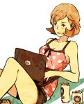  1girl ai-wa bare_legs bare_shoulders beer_can black_shorts blush breasts brown_eyes brown_hair can collarbone computer drink_can feet_out_of_frame laptop leaning_back medium_breasts on_ground persona persona_3 pink_shirt shirt short_hair short_shorts shorts simple_background sitting sleeveless sleeveless_shirt solo toriumi_isako white_background 