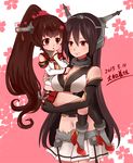 black_hair breasts brown_eyes brown_hair cleavage dated headgear kantai_collection kobone large_breasts long_hair looking_at_viewer miniskirt multiple_girls nagato_(kantai_collection) navel pleated_skirt ponytail skirt smile yamato_(kantai_collection) younger 