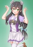  1girl alternate_costume anti_(untea9) black_hair blush bow bowtie breasts gradient_background green_background green_eyes hair_ribbon headgear highres i-47_(kancolle) kantai_collection long_hair low-tied_long_hair open_mouth puffy_short_sleeves puffy_sleeves purple_bow purple_bowtie purple_sailor_collar purple_serafuku purple_shirt ribbon sailor_collar sailor_shirt school_uniform serafuku shirt short_sleeves skirt small_breasts smile solo standing standing_on_one_leg thighhighs tracen_school_uniform tress_ribbon umamusume white_skirt white_thighhighs 