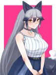  1girl animal_ears aramaru blush breasts choker dress extra_ears fang fox_ears fox_tail gem grey_hair highres kemono_friends kemono_friends_3 large_breasts long_hair looking_at_viewer multicolored_hair official_alternate_costume silver_fox_(kemono_friends) sleeveless sleeveless_dress tail yellow_eyes 