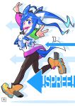  1girl @_@ absurdres ahoge animal_ears arm_up arrow_(symbol) artist_logo blue_eyes blue_hair boots bow brown_pantyhose commentary_request crossed_bangs double_v drawstring drop_shadow from_side full_body hair_bow heterochromia highres hood hoodie horse_ears horse_girl horse_tail leg_up long_hair long_sleeves looking_at_viewer multicolored_clothes multicolored_hoodie open_mouth outline outstretched_arms pantyhose purple_eyes sharp_teeth sidelocks solo stuffed_animal stuffed_rabbit stuffed_toy tail teeth twin_turbo_(umamusume) twintails umamusume upper_teeth_only v white_background white_outline yb_norio yellow_footwear 