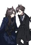  1boy 1girl animal_ears black_coat black_gloves black_pants black_shirt blouse blue_coat blue_necktie blue_ribbon blue_skirt brown_eyes brown_hair buttons closed_mouth coat coat_on_shoulders double-breasted earrings gloves highres jewelry light_blush long_hair looking_at_viewer neck_ribbon necktie ok_o_o original pants parted_lips ribbon shirt short_hair simple_background skirt smile trench_coat white_background white_shirt 