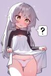  1boy ? bow bow_panties bulge clothes_lift cowboy_shot dress dress_lift grey_background grey_hair hair_bow highres ikr_(artist) lifted_by_self long_hair long_sleeves male_focus otoko_no_ko panties simple_background solo spoken_question_mark thigh_gap tongkkangi tongkkangi_(streamer) underwear white_dress white_panties yellow_eyes 