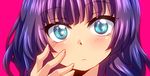  bad_id bad_pixiv_id bangs blue_eyes blush close-up eyes face hand_on_own_face highres jinguu_shion long_hair looking_at_viewer natsu_hotaru original pink_background purple_hair simple_background solo star star-shaped_pupils symbol-shaped_pupils tsurime 