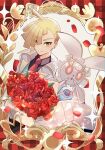  1boy blonde_hair bouquet closed_mouth collared_shirt commentary_request earrings falling_petals flower gladion_(pokemon) gladion_(sygna_suit)_(pokemon) green_eyes grey_jacket highres jacket jewelry magearna male_focus necktie official_alternate_costume petals pokemon pokemon_(creature) pokemon_masters_ex red_flower red_necktie shirt short_hair smile sparkle ssn_(sasa8u9r) 