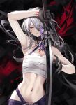  1girl absurdres acheron_(honkai:_star_rail) alternate_costume arm_up armpits bandages bare_arms bare_shoulders black_choker black_gloves chest_sarashi choker closed_eyes commentary gloves grey_hair hair_over_one_eye halterneck hidulume highres holding holding_sword holding_weapon honkai:_star_rail honkai_(series) katana long_hair midriff navel official_alternate_color sarashi solo stomach sword upper_body weapon 