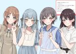  4girls absurdres bang_dream! bang_dream!_it&#039;s_mygo!!!!! black_ribbon blue_background blue_dress blue_eyes blue_hair blush bright_pupils brown_dress brown_hair closed_mouth commentary_request double_v dress grey_hair hair_ribbon hand_on_another&#039;s_shoulder highres long_hair marshmallow_(site) mole mole_under_eye multiple_girls nagasaki_soyo nanami_(nunnun_0410) parted_lips purple_eyes red_eyes request_inset ribbon shiina_taki short_hair short_sleeves simple_background smile takamatsu_tomori togawa_sakiko translation_request two_side_up upper_body v white_dress white_pupils yellow_eyes 