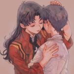  1boy 1girl age_difference black_hair closed_eyes cross earrings hand_on_another&#039;s_head highres hug ikari_shinji jacket jewelry katsuragi_misato long_hair matsuko_(mrimri3) neon_genesis_evangelion pink_background red_jacket school_uniform short_hair simple_background tokyo-3_middle_school_uniform 