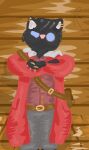anthro bag blue_eyes bottomwear clothed clothing coat ear_piercing felid feline female fully_clothed jewelry mammal pants pattern_background piercing pirate pirate_outfit rasmodius ring simple_background solo topwear