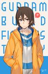  anchor artist_name blue_eyes brown_hair copyright_name dated gundam gundam_build_fighters gundam_build_fighters_try hands_in_pockets jewelry kippu male_focus necklace sakai_minato solo speech_bubble spoken_squiggle squiggle 