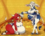 anthro barn bel_group bell big_breasts bodily_fluids bovid bovine breasts cattle cheese dairy_products dripping duo female female/female food group horn huge_breasts inflation inflation_fetish intraspecies kerchief kneeling lactaid lactaid_cow mammal maraichine mascot milk pompuffy_(artist) red_body the_laughing_cow thick_thighs white_body wide_hips