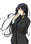  black_hair female_admiral_(kantai_collection) highres kantai_collection long_hair mail military military_uniform naval_uniform niwatazumi red_eyes solo tatebayashi_sakurako uniform 