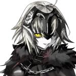  1girl ahoge akihoop alternate_skin_color black_cape boobplate cape chain colored_skin fate/grand_order fate_(series) fur-trimmed_cape fur_trim grey_hair hair_over_one_eye headpiece jeanne_d&#039;arc_alter_(fate) looking_at_viewer portrait short_hair simple_background slit_pupils smile teeth white_background white_skin yellow_eyes 
