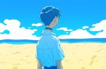  1boy beach black_hair blue_sky cloud collar collared_shirt day facing_away footprints from_behind highres horizon ikari_shinji male_focus matsuko_(mrimri3) metal_collar neon_genesis_evangelion ocean rebuild_of_evangelion shirt sky solo upper_body white_shirt 