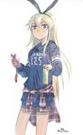  blonde_hair bow brown_eyes casual cellphone clothes_around_waist contemporary hair_bow hairband highres hood hoodie jacket_around_waist kantai_collection long_hair phone plaid shimakaze_(kantai_collection) shirt shorts simple_background smartphone solo suzumaru tied_shirt twitter_username white_background 