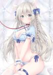  absurdres animal_ears blue_panties blush bow breasts collar extra_ears green_eyes grey_hair hair_between_eyes hair_bow highres korie_riko leash looking_at_viewer medium_breasts original panties short_sleeves sitting tail thigh_strap thighhighs underwear white_thighhighs wrist_cuffs 