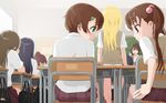  6+girls androgynous blush brother_and_sister brown_hair commentary_request crossdressing desk green_eyes highres looking_at_another md5_mismatch multiple_girls original otoko_no_ko school_uniform short_hair siblings sitting skirt sweatdrop twintails yuki18r 