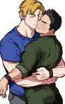  2boys ao_isami black_hair blonde_hair closed_eyes couple cowboy_shot facial_hair highres hug kiss lewis_smith male_focus mamefuku_(mamedehuku) medium_sideburns multiple_boys pulling shy sideburns_stubble stubble sweatdrop thick_eyebrows unfinished yaoi yuuki_bakuhatsu_bang_bravern 