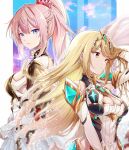  armor blonde_hair blue_eyes braid breasts cleavage crossover dress earrings hair_between_eyes highres jewelry large_breasts long_hair mythra_(xenoblade) pink_hair ponytail shionne_(tales) sidelocks swept_bangs tales_of_(series) tales_of_arise tiara ui_frara very_long_hair xenoblade_chronicles_(series) xenoblade_chronicles_2 yellow_eyes 