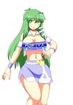  alternate_costume blush breasts cleavage green_eyes green_hair kochiya_sanae large_breasts long_hair looking_at_viewer miniskirt navel nishio_(higan53) race_queen side_slit simple_background skirt skirt_lift solo touhou white_background wristband 