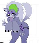 animatronic breasts canid canine canis dsmnup ear_piercing five_nights_at_freddy&#039;s five_nights_at_freddy&#039;s:_security_breach fur gesture green_highlights grey_body grey_fur hair hand_gesture hi_res highlights_(coloring) joints lipstick machine makeup mammal nipple_piercing nipples piercing robot roxanne_wolf scottgames signature steel_wool_studios teeth tongue tongue_out v_sign wolf