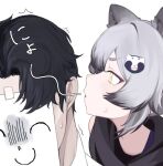  1boy 1girl animal_ears black_hair blowing blowing_in_ear blue_archive colored_tips covered_face doodle_sensei_(blue_archive) from_side grey_hair half-closed_eyes mask michiru_(blue_archive) multicolored_hair profile raccoon_ears raccoon_hair_ornament rotroto sensei_(blue_archive) simple_background sweatdrop white_background yellow_eyes 