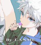  1boy bishounen blue_eyes blue_hoodie candy child chupa_chups earphones eyelashes food from_above from_side hair_between_eyes holding holding_candy holding_food hood hoodie hunter_x_hunter killua_zoldyck knee_up lollipop looking_at_viewer looking_up lower_teeth_only male_focus parted_lips portrait short_hair simple_background sitting socks solo sunlight teeth tongue white_hair white_socks yxhd5725 