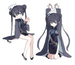  absurdres black_dress black_hair blue_archive china_dress chinese_clothes dress food fruit grey_eyes high_heels highres holding holding_food holding_fruit kisaki_(blue_archive) peach simple_background thighs white_background yanggaengwang 