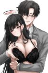  1boy 1girl absurdres at_congju black_bra black_eyes black_hair blue_archive blue_archive_the_animation blush bra breasts cleavage closed_mouth collarbone collared_shirt grabbing grabbing_another&#039;s_breast grabbing_from_behind hair_ornament hairpin halo highres large_breasts long_hair long_sleeves open_mouth red_eyes rio_(blue_archive) sensei_(blue_archive) sensei_(blue_archive_the_animation) shirt short_hair simple_background underwear white_background white_shirt 