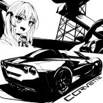  1girl car chevrolet chevrolet_corvette chevrolet_corvette_c6 collared_shirt fang greyscale hair_between_eyes highres hood hood_down hoodie looking_at_viewer monochrome motor_vehicle multiple_views nougat_(73r1r1) open_mouth original shirt skin_fang smile steering_wheel vehicle_focus vehicle_interior vehicle_name 