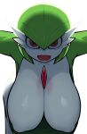 absurd_res breasts female front_view gardevoir generation_3_pokemon ghozt green_body hi_res humanoid looking_at_viewer nintendo nipple_outline open_mouth pokemon pokemon_(species) red_eyes simple_background solo white_background white_body