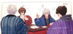  2024 ahoge anger_vein angry belial_(granblue_fantasy) bishounen blue_eyes blue_jacket body_writing brown_hair card commentary commentary_request drawstring food fruit granblue_fantasy hair_between_eyes happy_new_year hood hood_down horizontal-striped_clothes jacket joker_(playing_card) kotatsu laughing lucifer_(shingeki_no_bahamut) lucilius_(granblue_fantasy) messy_hair multiple_boys orange_(fruit) playing_card purple_jacket recording red_eyes red_jacket sandalphon_(granblue_fantasy) speech_bubble spiked_hair spoken_anger_vein striped_clothes sub_nonino table under_kotatsu under_table vertical-striped_clothes white_background white_hair 