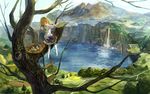  animal animal_on_lap bird bird_nest blonde_hair chicken cliff day dress egg hair_ribbon highres in_tree lake landscape long_sleeves mountain no_shoes original outdoors pantyhose plank ribbon rope_ladder scenery sidelocks sitting sitting_in_tree solo tamu_(tamurarucaffe1226) tree tress_ribbon water waterfall white_legwear wide_sleeves 