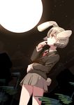  animal_ears arm_around_waist bamboo beige_skirt blazer brown_eyes bunny_ears bunny_tail cloud collared_shirt finger_to_face full_moon jacket long_sleeves looking_up moon moonlight necktie night night_sky perspective reisen shiny shiny_hair shirt sketch sky solo star_(sky) tail touhou wind yetworldview_kaze 