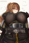  1girl artist_name bags_under_eyes belt blush bodysuit breasts brown_bodysuit brown_eyes brown_gloves brown_hair closed_mouth commentary covered_nipples gloves hair_between_eyes hair_over_breasts hands_on_own_breasts helldivers_(series) highres huge_breasts long_hair looking_at_viewer neet_girl_(noiretox) nipple_pull nipple_stimulation noiretox one_eye_closed original ponytail puff_of_air simple_background solo split_mouth sweat symbol-only_commentary upper_body white_background 