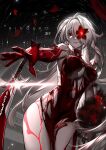  1girl absurdres acheron_(honkai:_star_rail) blood blood_censor blood_on_breasts blood_on_chest body_markings breasts colored_extremities commentary flower hair_over_one_eye highres honkai:_star_rail honkai_(series) long_hair looking_at_viewer official_alternate_color official_alternate_eye_color official_alternate_hair_color pale_skin red_eyes red_hands ringeko-chan solo very_long_hair white_hair 