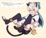  1boy animal_ears bandaid bandaid_on_face bandaid_on_nose bennett_(genshin_impact) black_footwear black_shorts black_thighhighs blonde_hair blue_bow bow brown_tail cat_ears cat_tail crop_top genshin_impact gloves green_eyes hair_between_eyes highres male_focus meshi_kue_yo midriff open_mouth otoko_no_ko short_hair shorts solo tail thighhighs white_gloves 