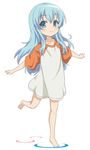  alternate_hairstyle barefoot blue_eyes blue_hair highres long_hair no_pants noel_(sora_no_method) outstretched_arms red_star_(toranecomet) running shirt smile solo sora_no_method t-shirt 