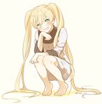  bad_id bad_twitter_id barefoot blonde_hair blush dress full_body green_eyes grin hand_on_own_knee kekkai_sensen long_hair marin_(myuy_3) simple_background sleeves_rolled_up smile solo squatting twintails twitter_username very_long_hair white_(kekkai_sensen) yellow_background 